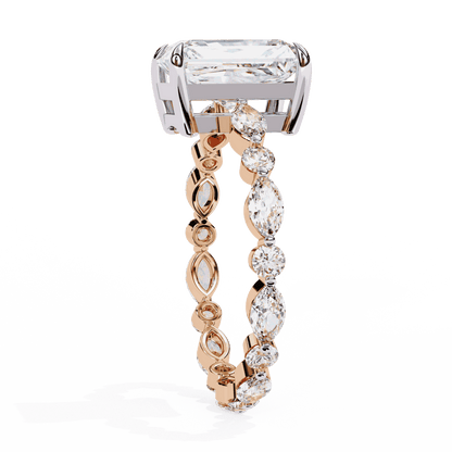 Radiant Cut Lab Grown Diamond Side Stone Engagement Ring with Marquise and Round Eternity Band