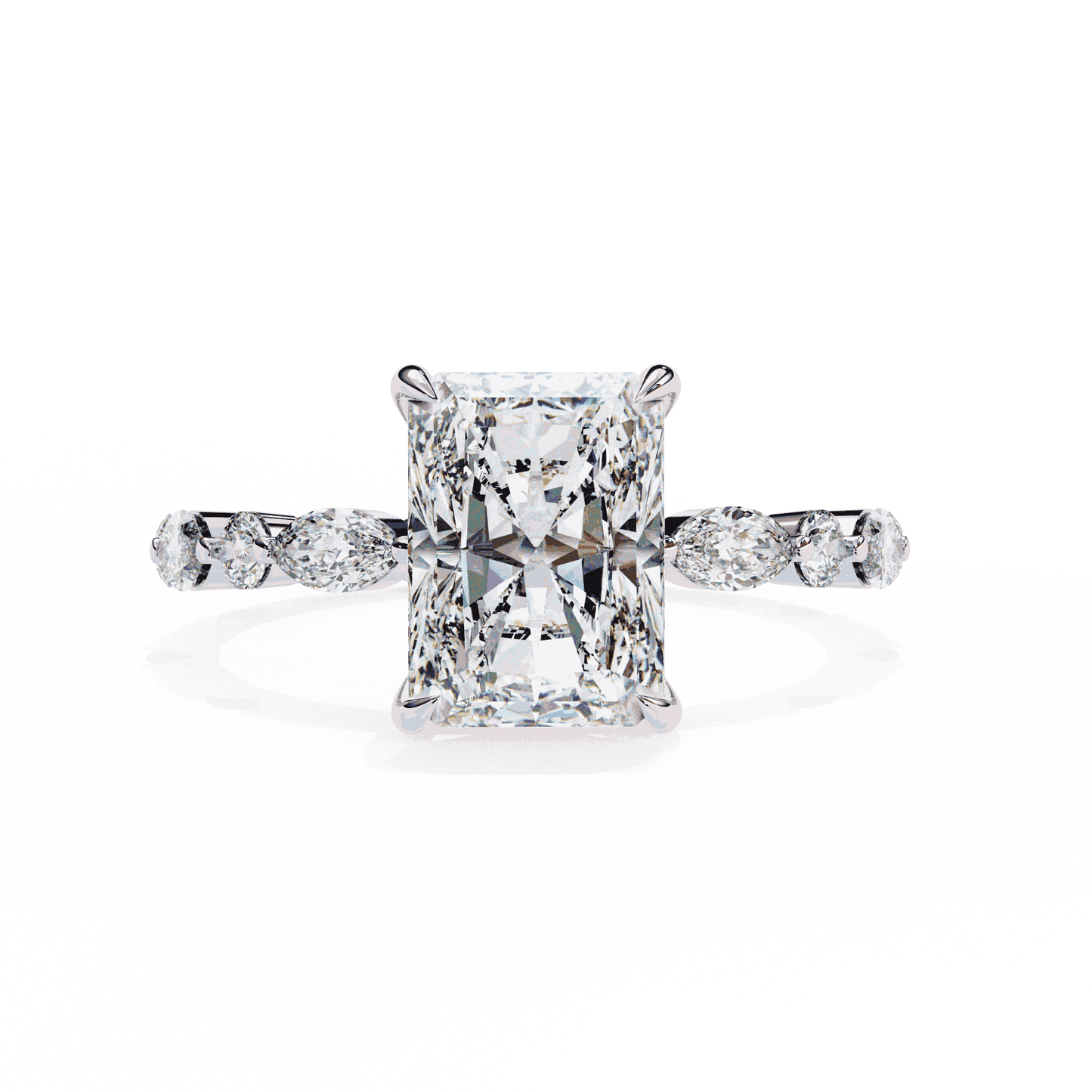 Radiant Cut Lab Grown Diamond Side Stone Engagement Ring with Marquise and Round Eternity Band