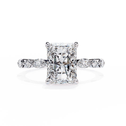 Radiant Cut Lab Grown Diamond Side Stone Engagement Ring with Marquise and Round Eternity Band