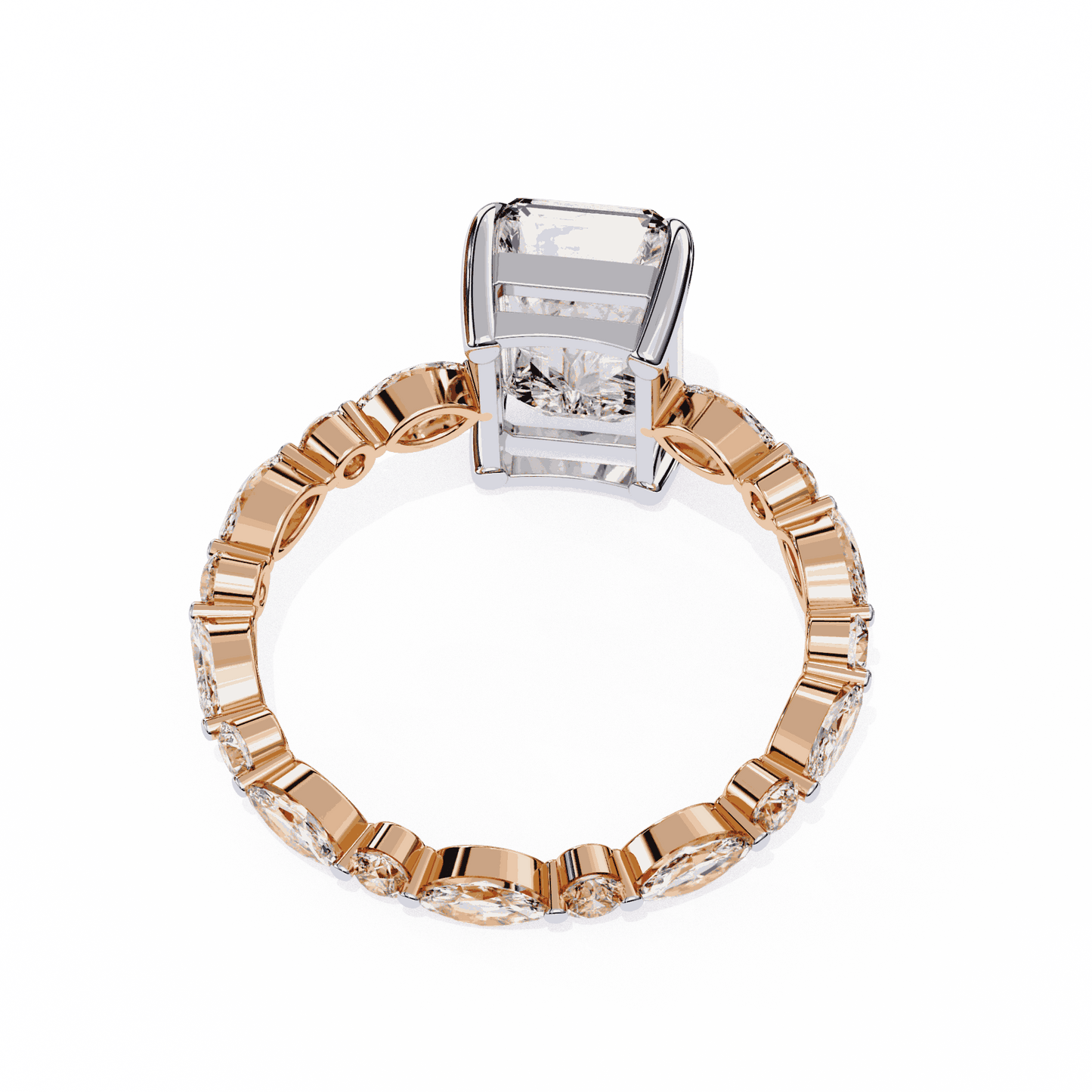 Radiant Cut Lab Grown Diamond Side Stone Engagement Ring with Marquise and Round Eternity Band