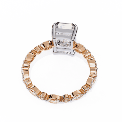 Radiant Cut Lab Grown Diamond Side Stone Engagement Ring with Marquise and Round Eternity Band