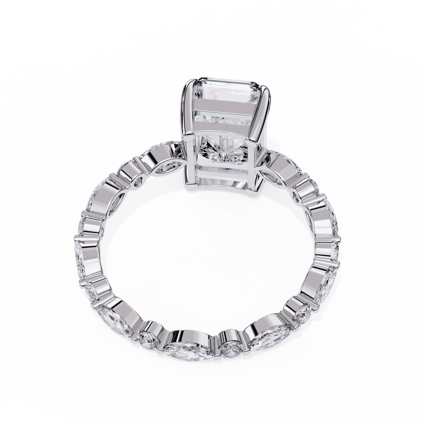 Radiant Cut Lab Grown Diamond Side Stone Engagement Ring with Marquise and Round Eternity Band