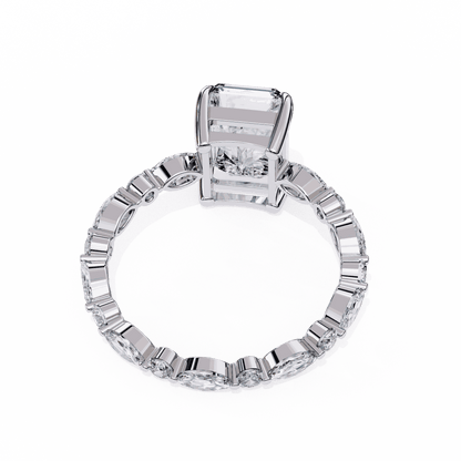 Radiant Cut Lab Grown Diamond Side Stone Engagement Ring with Marquise and Round Eternity Band