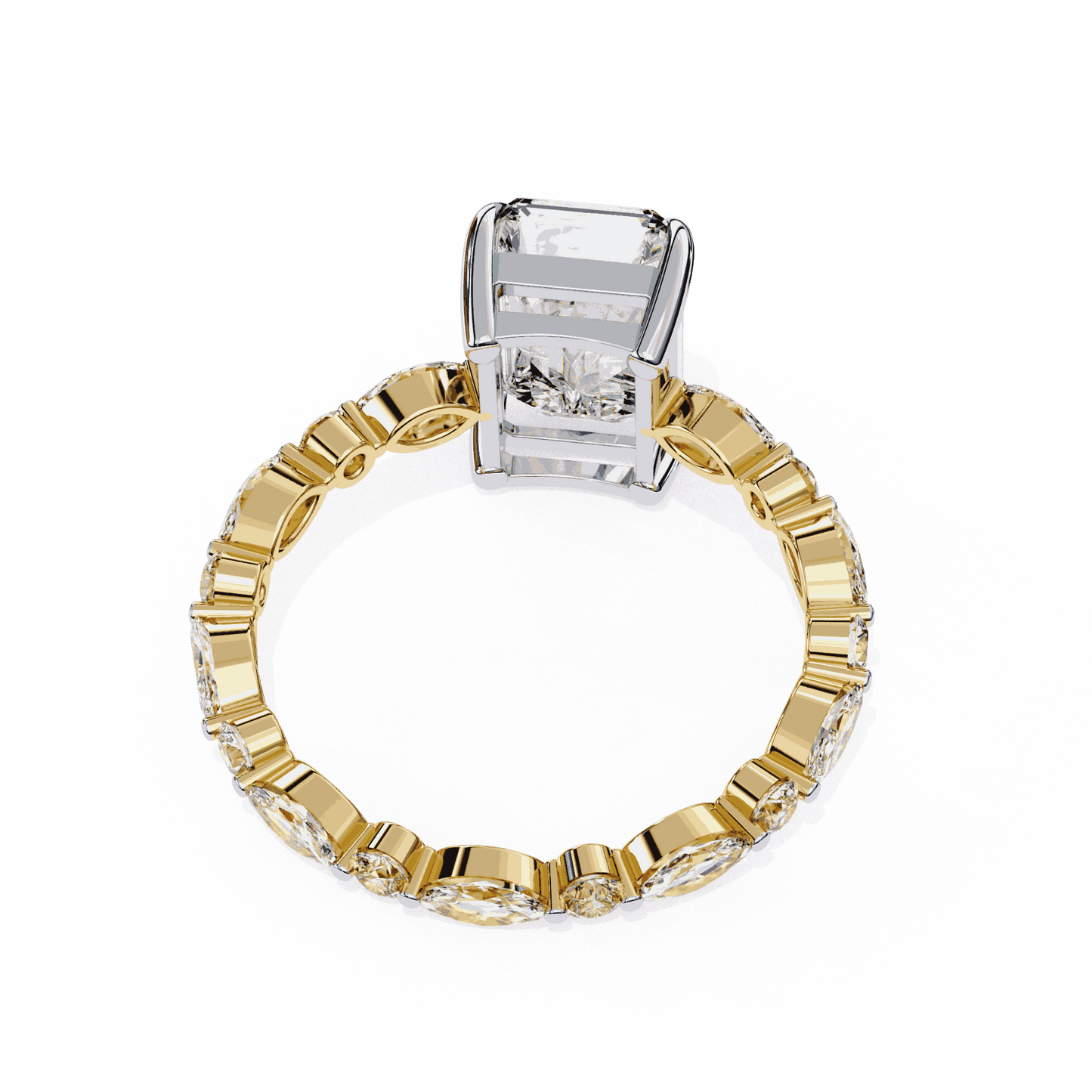 Radiant Cut Lab Grown Diamond Side Stone Engagement Ring with Marquise and Round Eternity Band