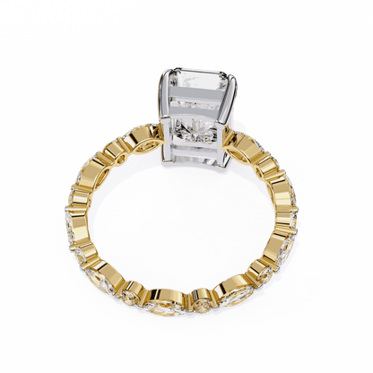 Radiant Cut Lab Grown Diamond Side Stone Engagement Ring with Marquise and Round Eternity Band