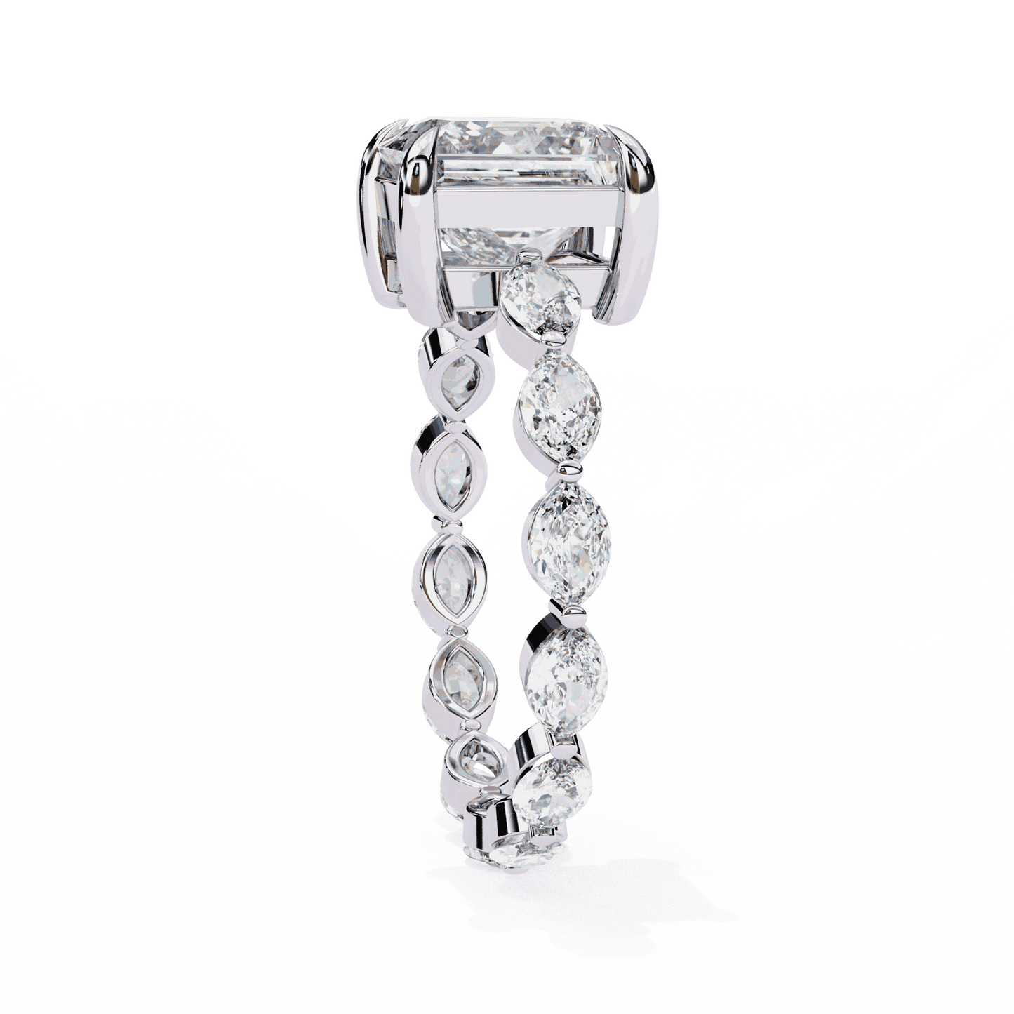 Princess Cut Lab Grown Diamond Side Stone Engagement Ring with Marquise and Round Eternity Band