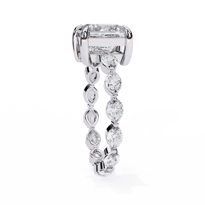 Princess Cut Lab Grown Diamond Side Stone Engagement Ring with Marquise and Round Eternity Band