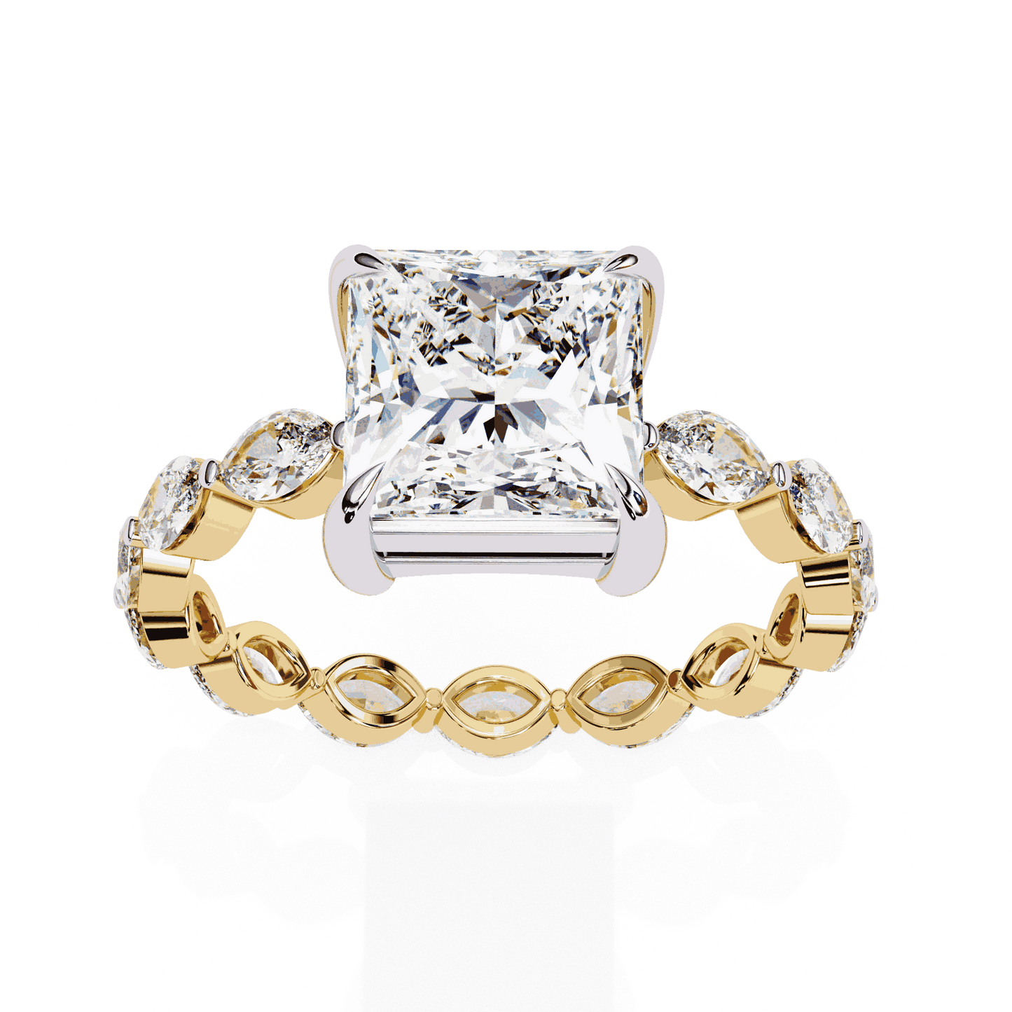 Princess Cut Lab Grown Diamond Side Stone Engagement Ring with Marquise and Round Eternity Band