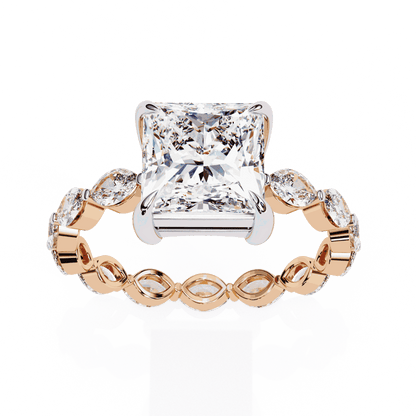 Princess Cut Lab Grown Diamond Side Stone Engagement Ring with Marquise and Round Eternity Band