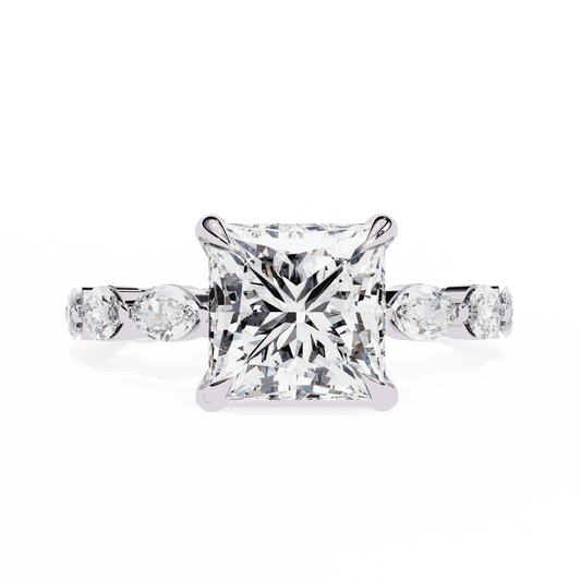 Princess Cut Lab Grown Diamond Side Stone Engagement Ring with Marquise and Round Eternity Band