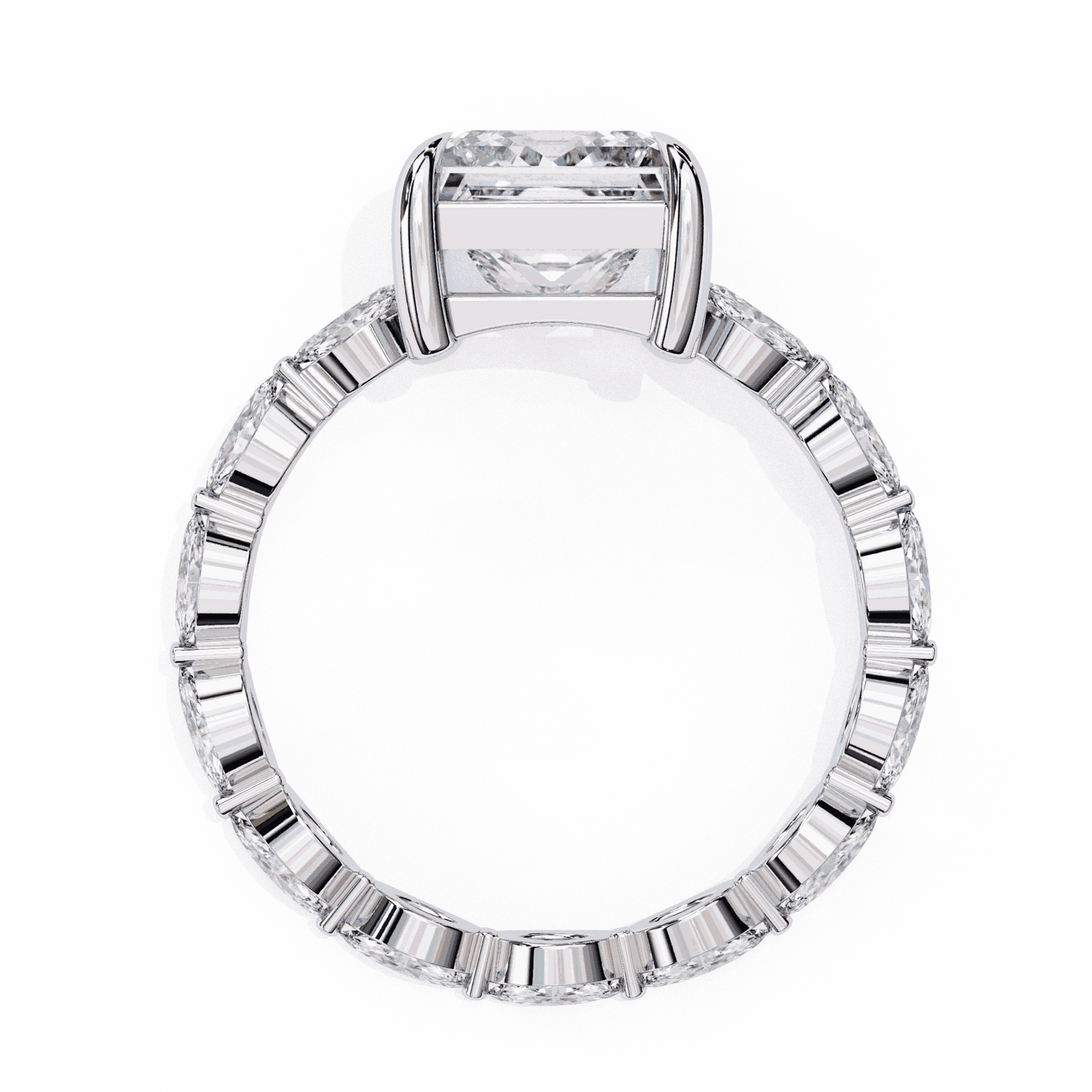 Princess Cut Lab Grown Diamond Side Stone Engagement Ring with Marquise and Round Eternity Band