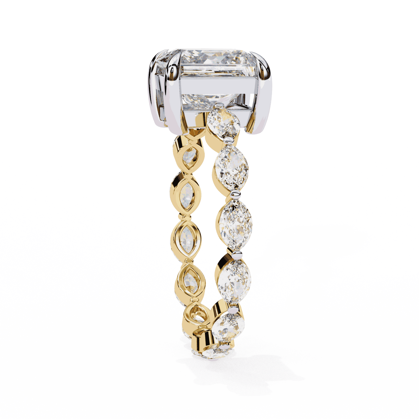 Princess Cut Lab Grown Diamond Side Stone Engagement Ring with Marquise and Round Eternity Band