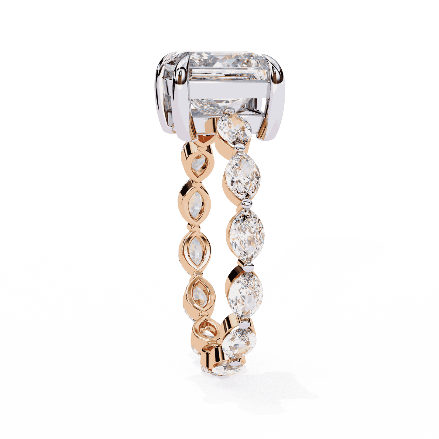 Princess Cut Lab Grown Diamond Side Stone Engagement Ring with Marquise and Round Eternity Band