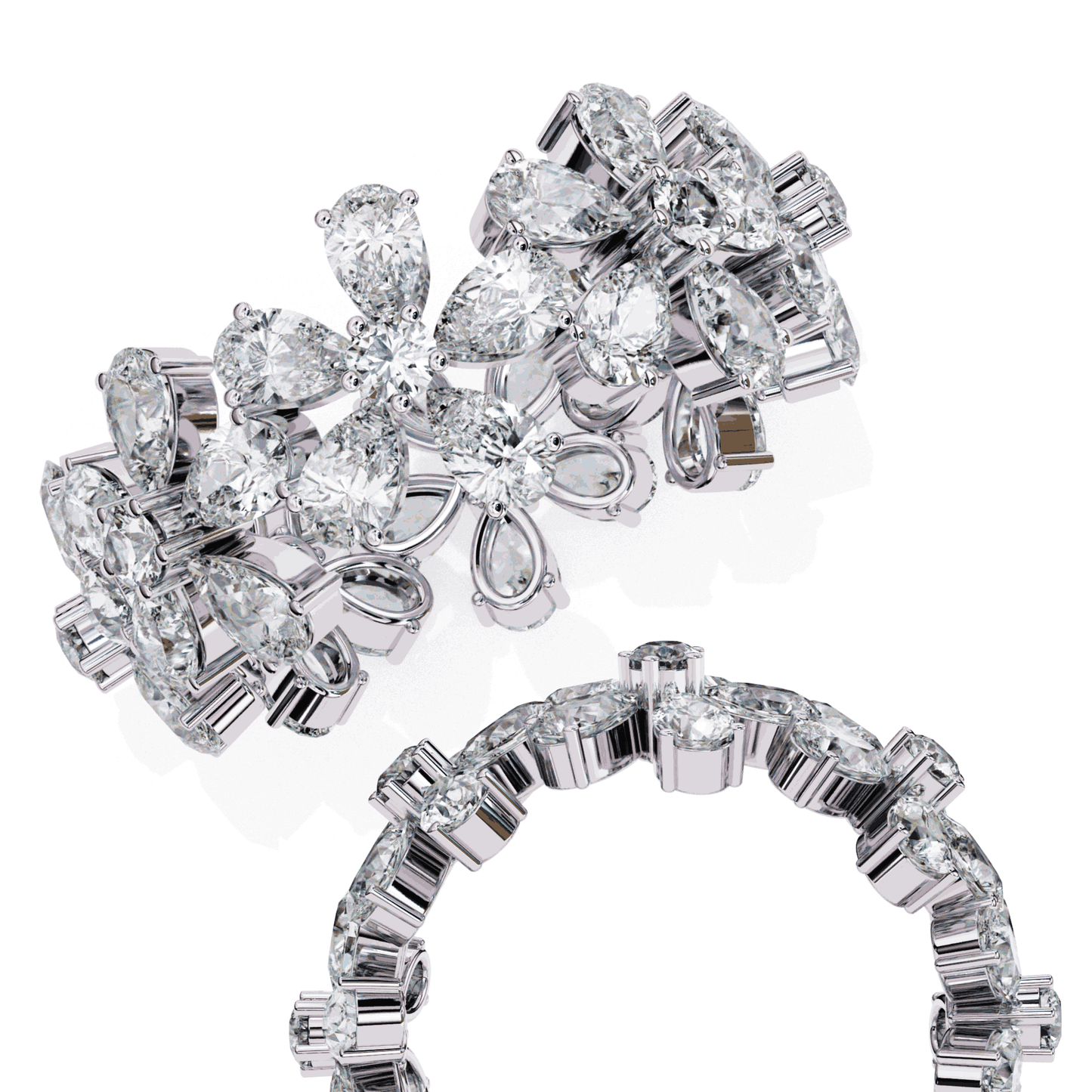 Pear Cut Lab Grown Diamond Cluster Eternity Ring with Floral Petal Motif
