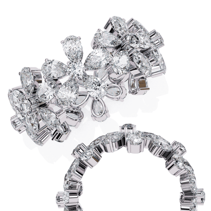 Pear Cut Lab Grown Diamond Cluster Eternity Ring with Floral Petal Motif