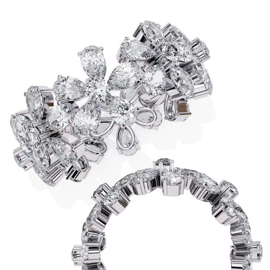 Pear Cut Lab Grown Diamond Cluster Eternity Ring with Floral Petal Motif