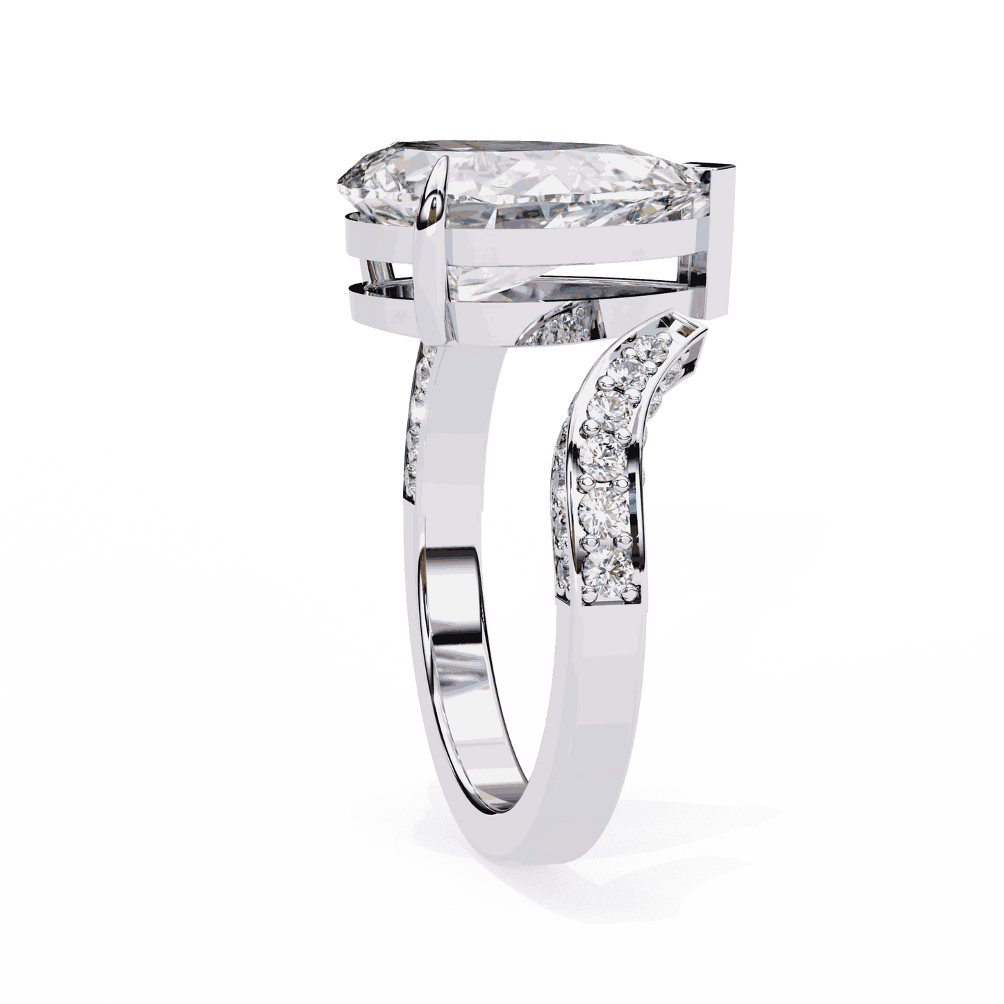 Pear Cut Lab Grown Diamond Pave Engagement Ring with Open Bypass Wrap Shank