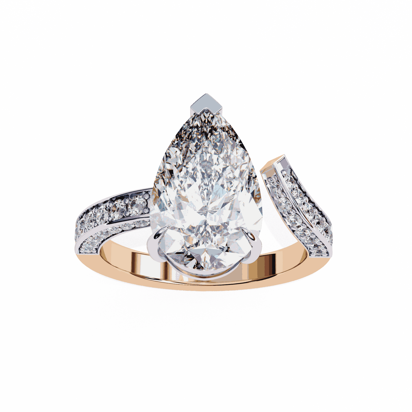 Pear Cut Lab Grown Diamond Pave Engagement Ring with Open Bypass Wrap Shank