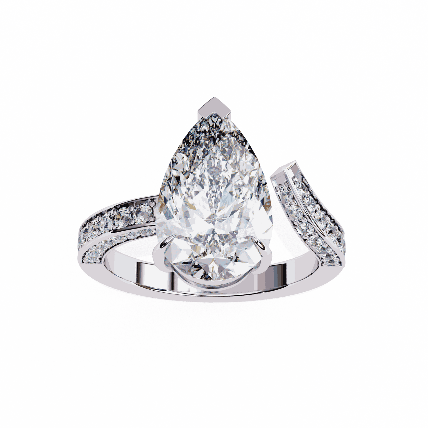 Pear Cut Lab Grown Diamond Pave Engagement Ring with Open Bypass Wrap Shank