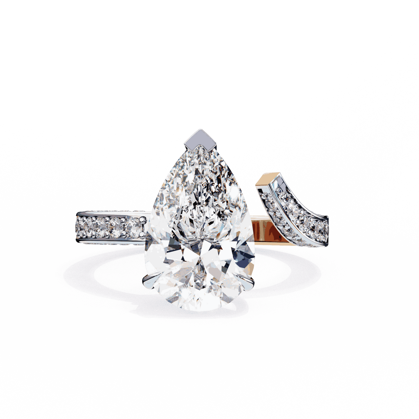Pear Cut Lab Grown Diamond Pave Engagement Ring with Open Bypass Wrap Shank