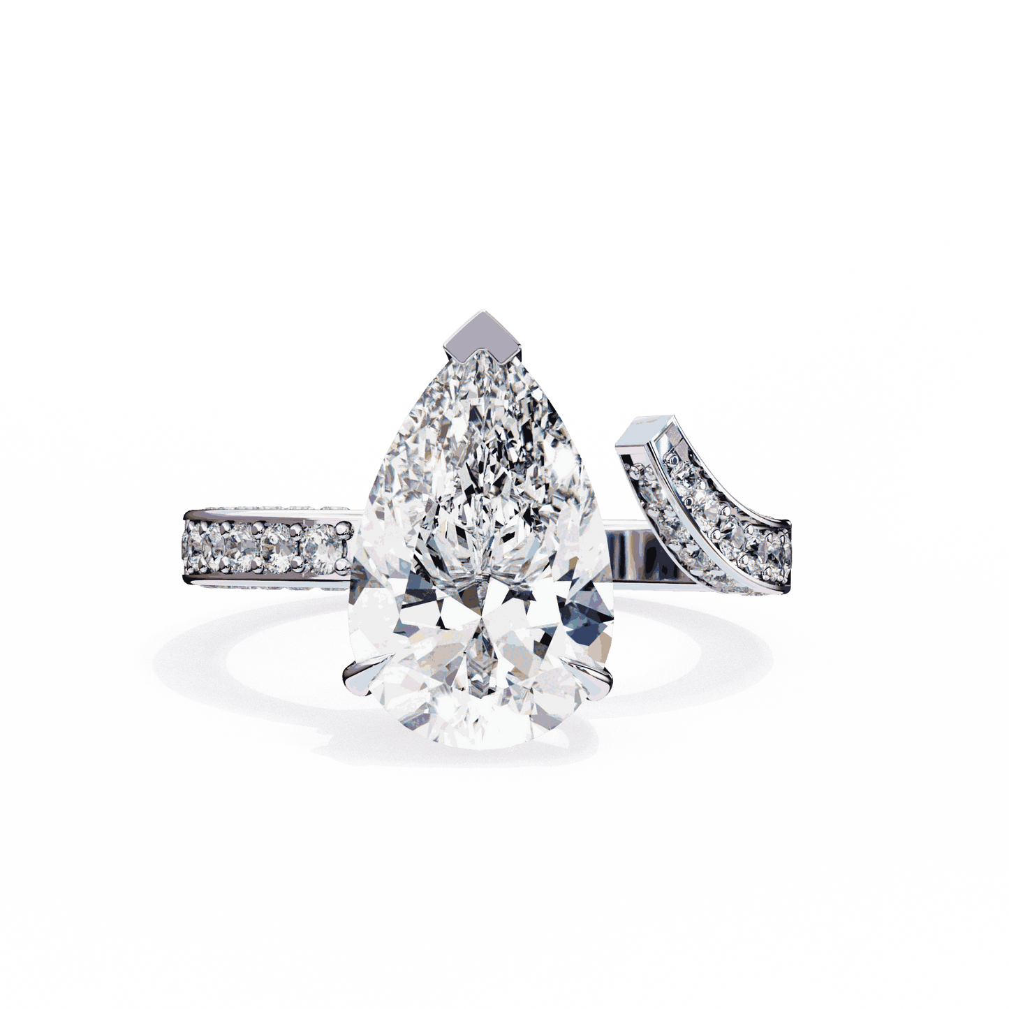 Pear Cut Lab Grown Diamond Pave Engagement Ring with Open Bypass Wrap Shank
