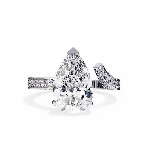 Pear Cut Lab Grown Diamond Pave Engagement Ring with Open Bypass Wrap Shank