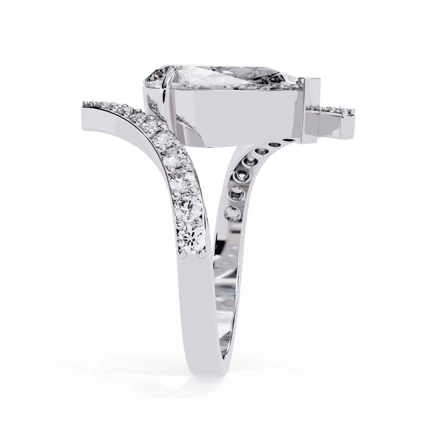 Pear Cut Lab Grown Diamond Pave Engagement Ring with Open Crossover Bypass Shank
