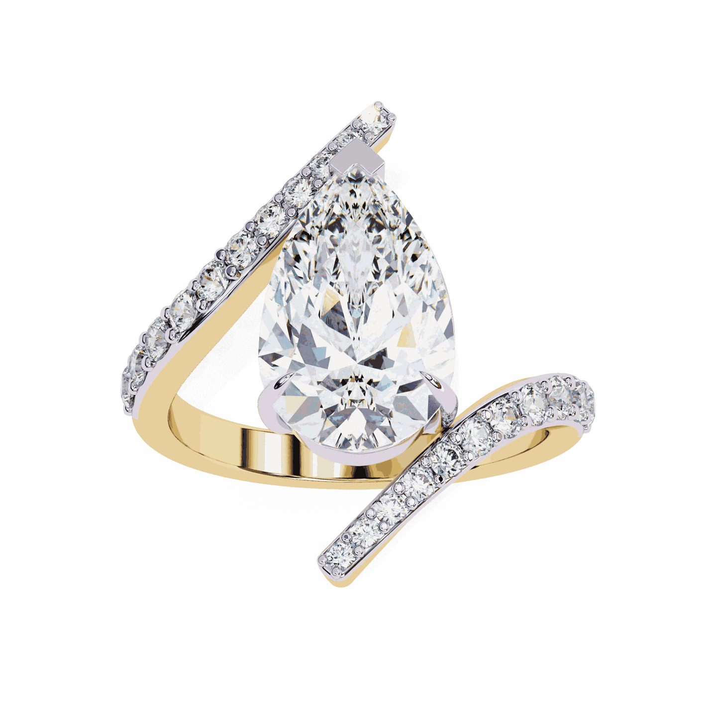 Pear Cut Lab Grown Diamond Pave Engagement Ring with Open Crossover Bypass Shank