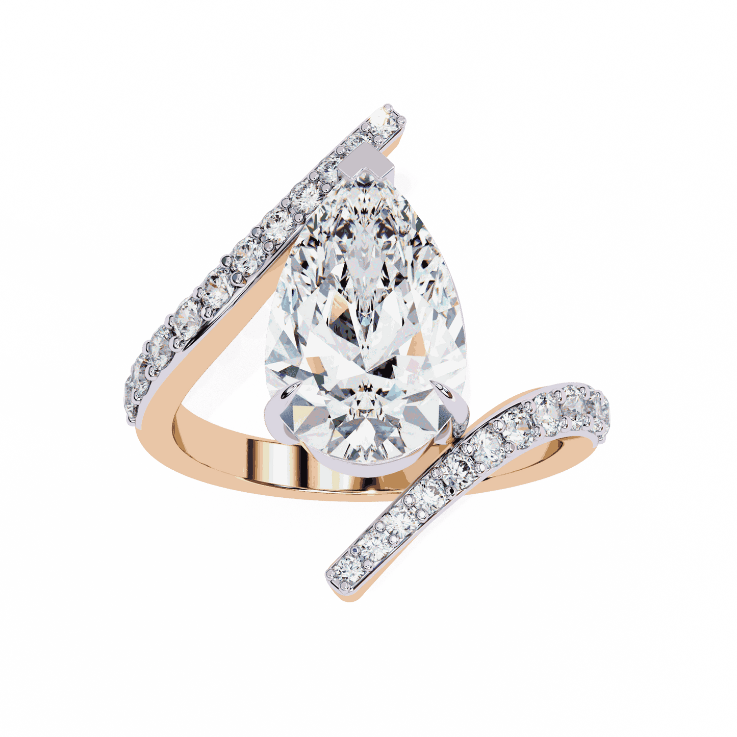 Pear Cut Lab Grown Diamond Pave Engagement Ring with Open Crossover Bypass Shank