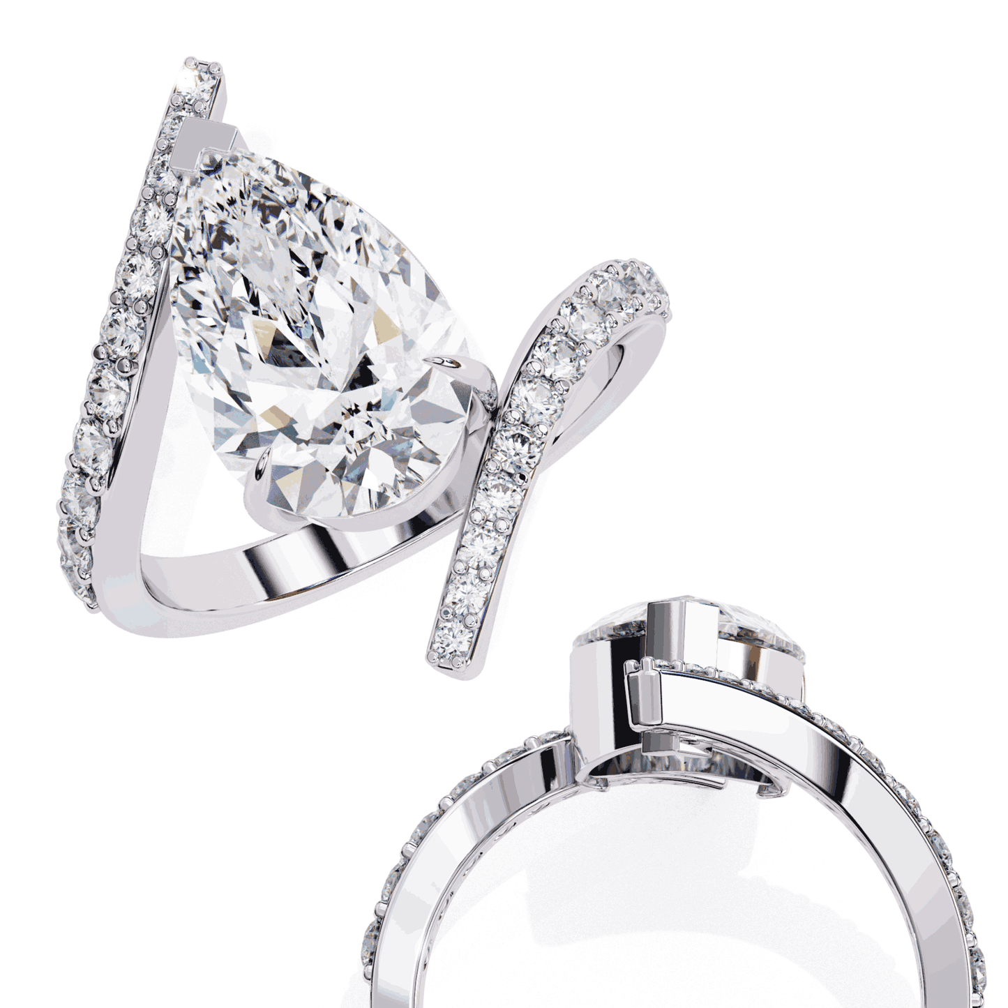 Pear Cut Lab Grown Diamond Pave Engagement Ring with Open Crossover Bypass Shank
