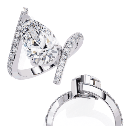 Pear Cut Lab Grown Diamond Pave Engagement Ring with Open Crossover Bypass Shank