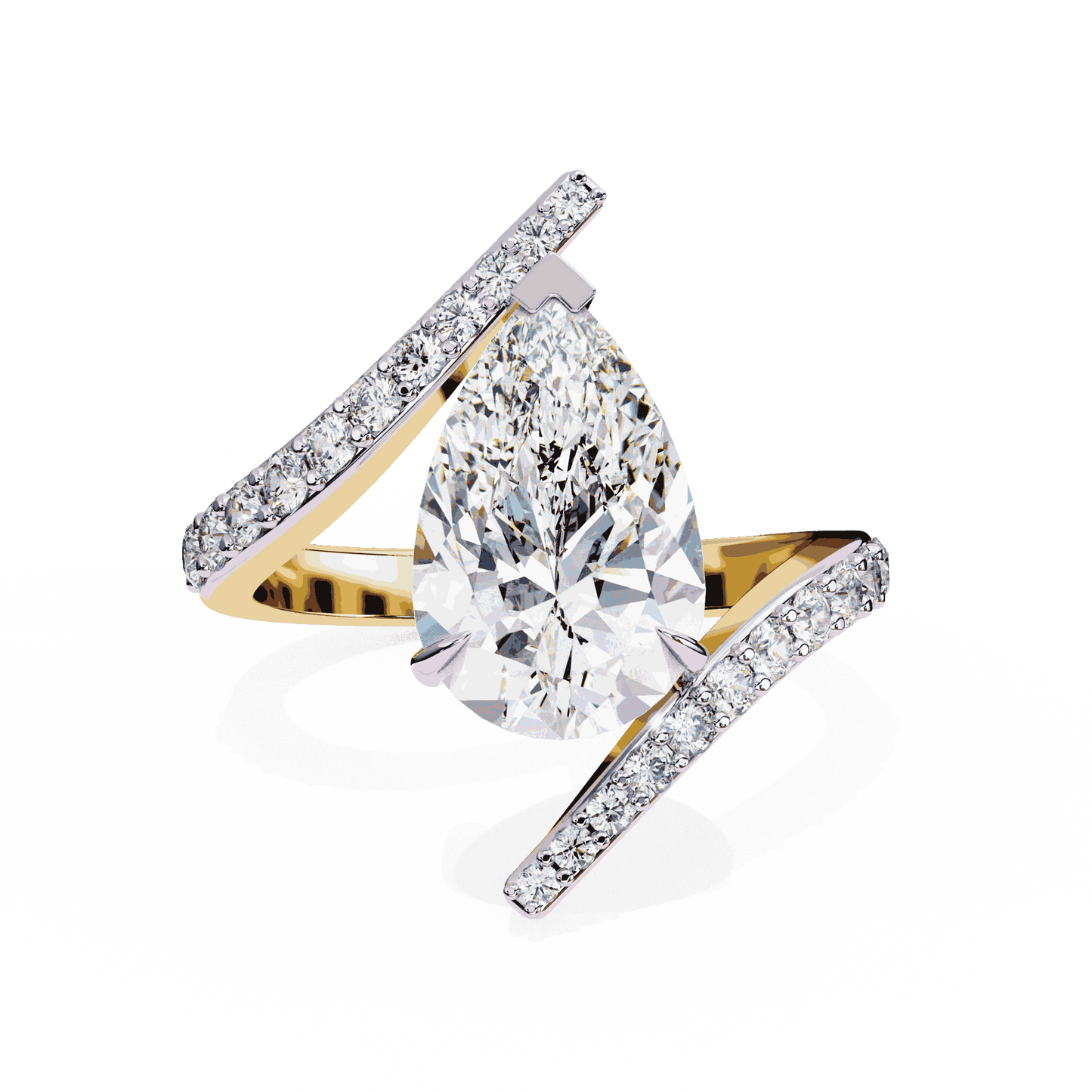 Pear Cut Lab Grown Diamond Pave Engagement Ring with Open Crossover Bypass Shank