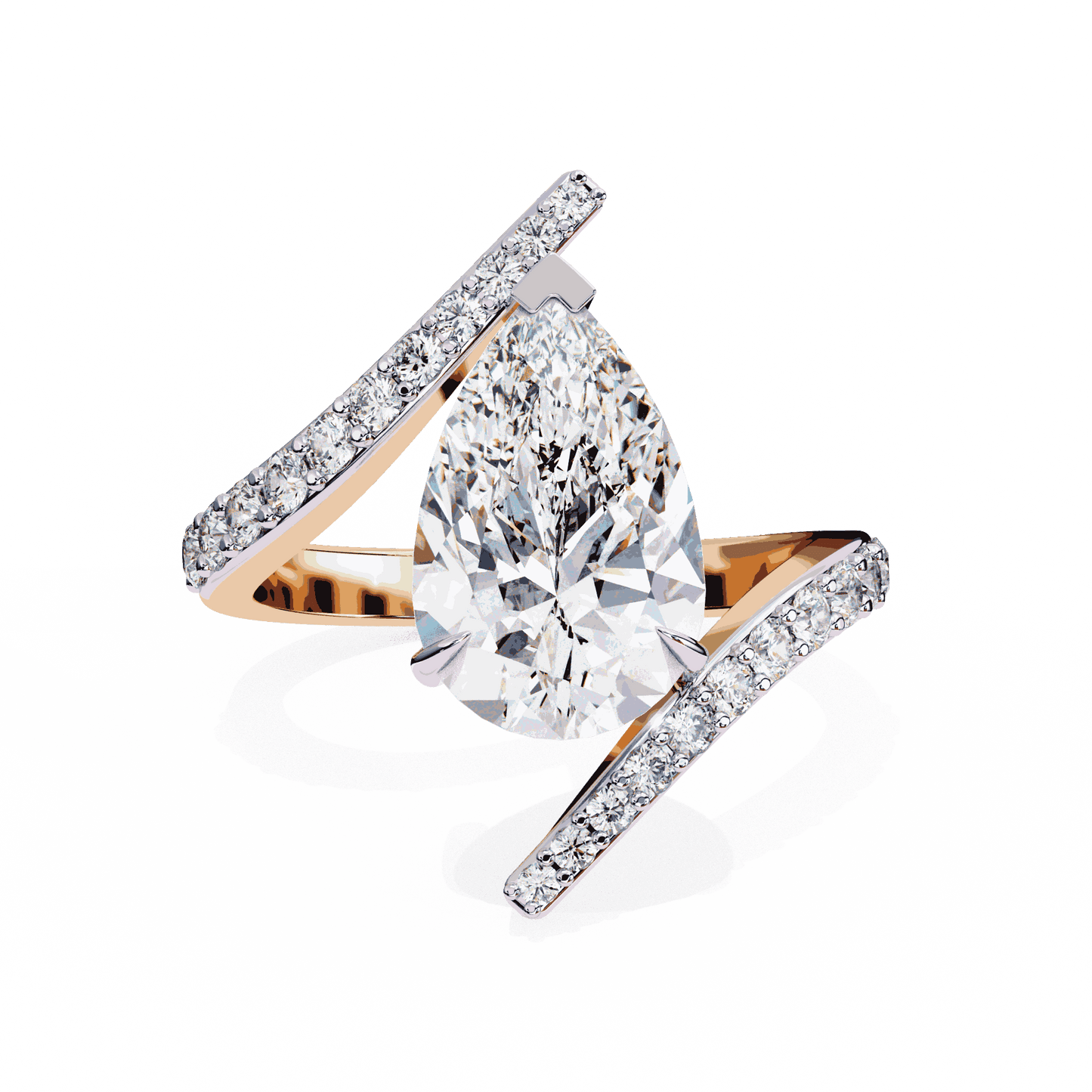 Pear Cut Lab Grown Diamond Pave Engagement Ring with Open Crossover Bypass Shank