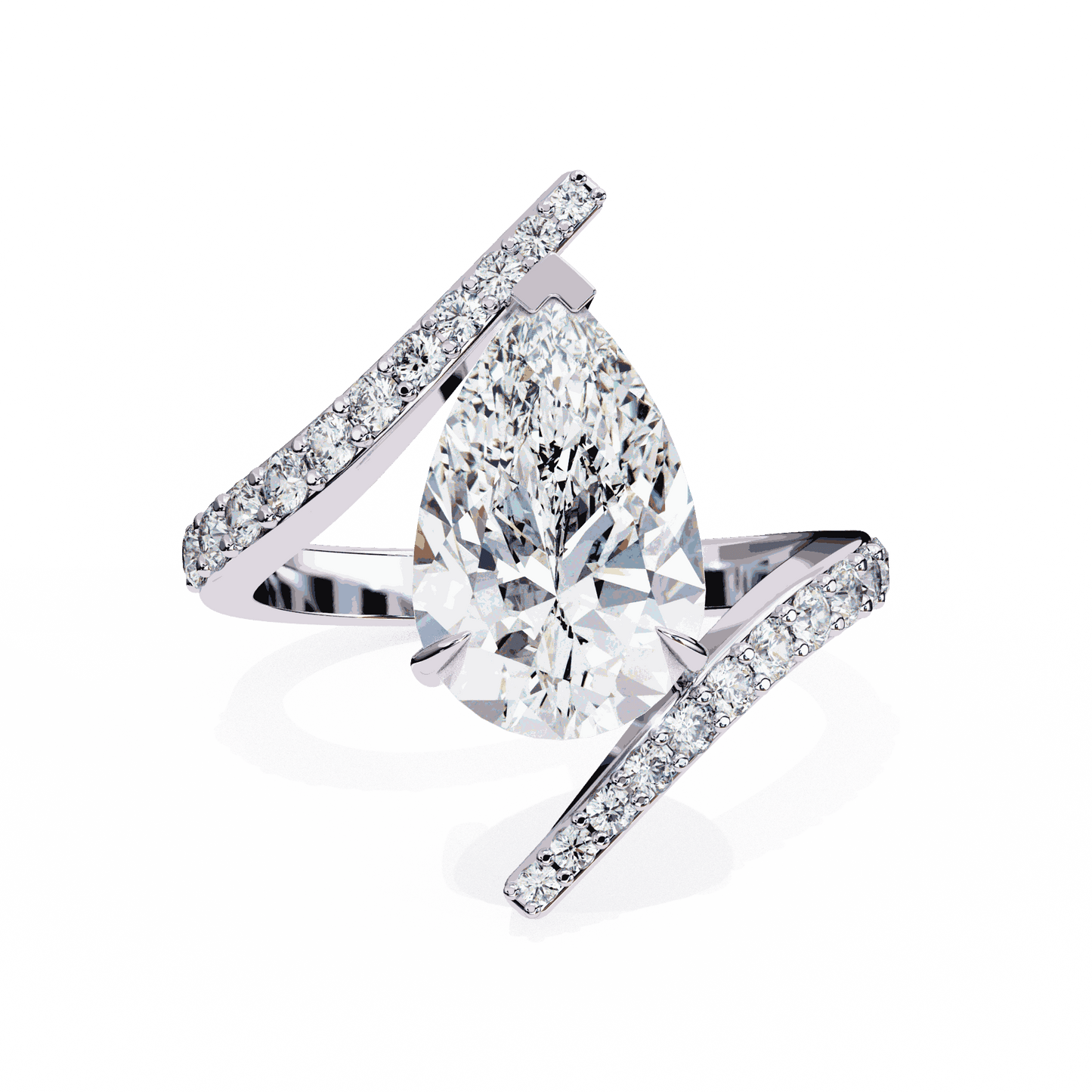 Pear Cut Lab Grown Diamond Pave Engagement Ring with Open Crossover Bypass Shank