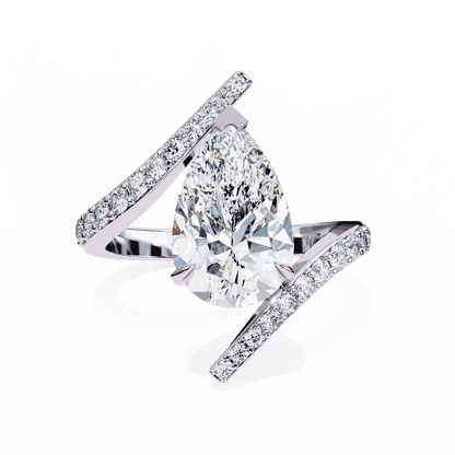 Pear Cut Lab Grown Diamond Pave Engagement Ring with Open Crossover Bypass Shank