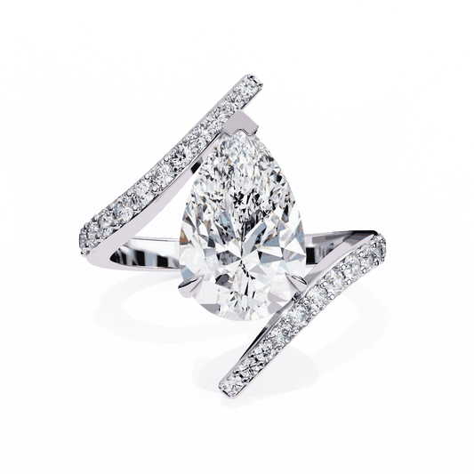 Pear Cut Lab Grown Diamond Pave Engagement Ring with Open Crossover Bypass Shank
