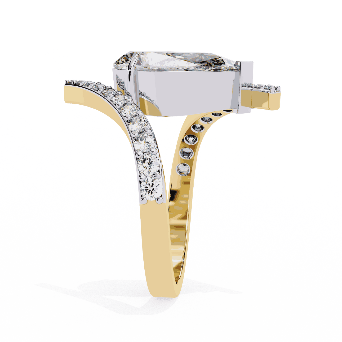 Pear Cut Lab Grown Diamond Pave Engagement Ring with Open Crossover Bypass Shank