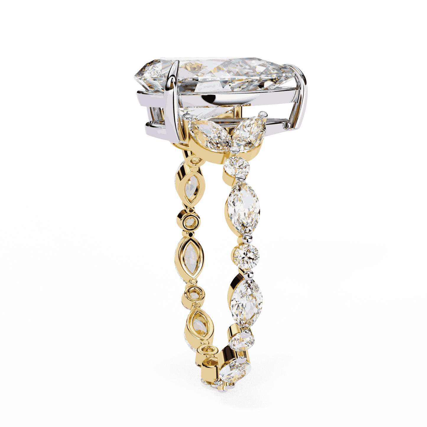 Pear Cut Lab Grown Diamond Side Stone Engagement Ring with Marquise and Round Eternity Band