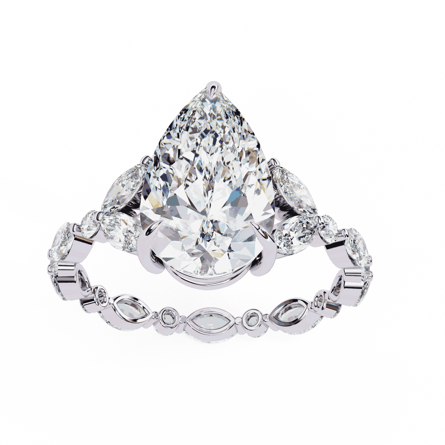 Pear Cut Lab Grown Diamond Side Stone Engagement Ring with Marquise and Round Eternity Band