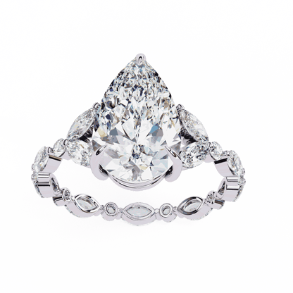 Pear Cut Lab Grown Diamond Side Stone Engagement Ring with Marquise and Round Eternity Band