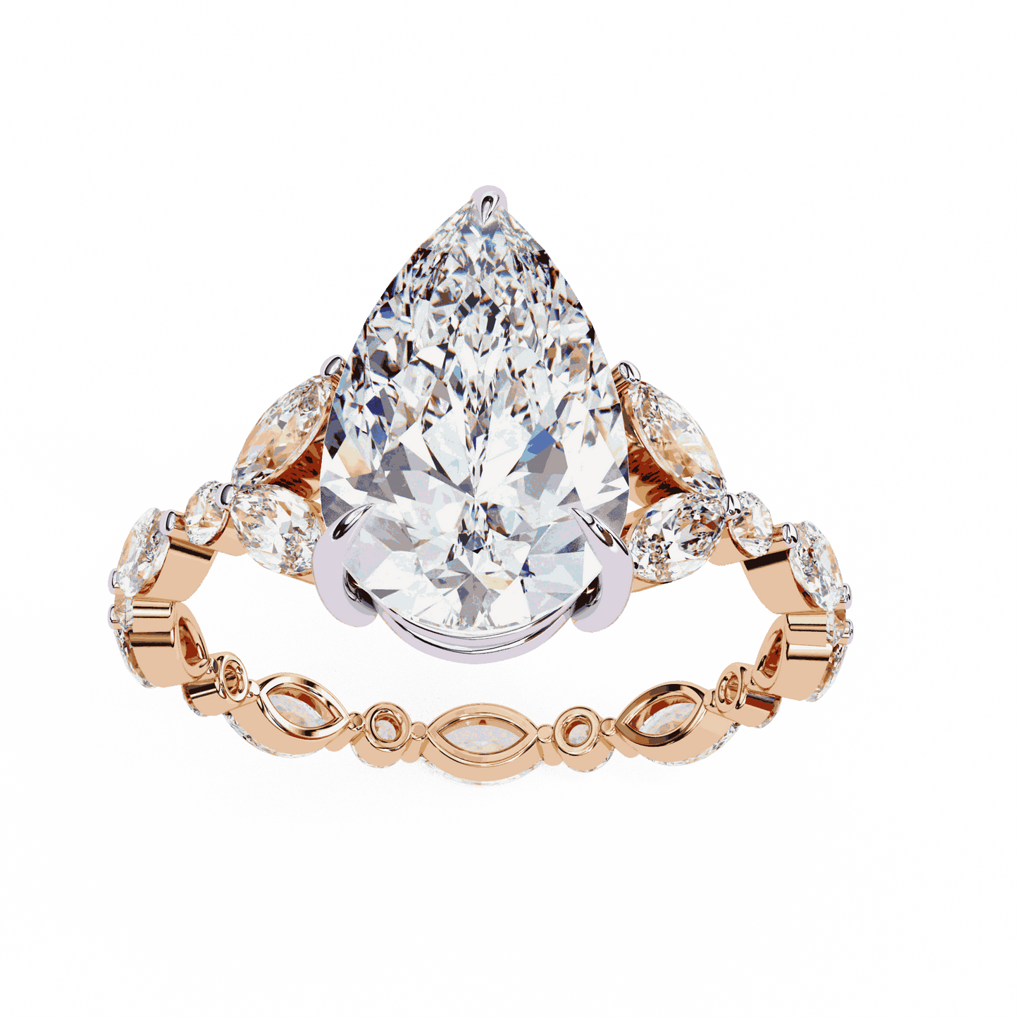 Pear Cut Lab Grown Diamond Side Stone Engagement Ring with Marquise and Round Eternity Band