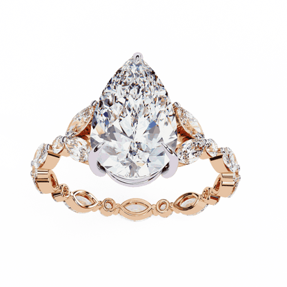 Pear Cut Lab Grown Diamond Side Stone Engagement Ring with Marquise and Round Eternity Band