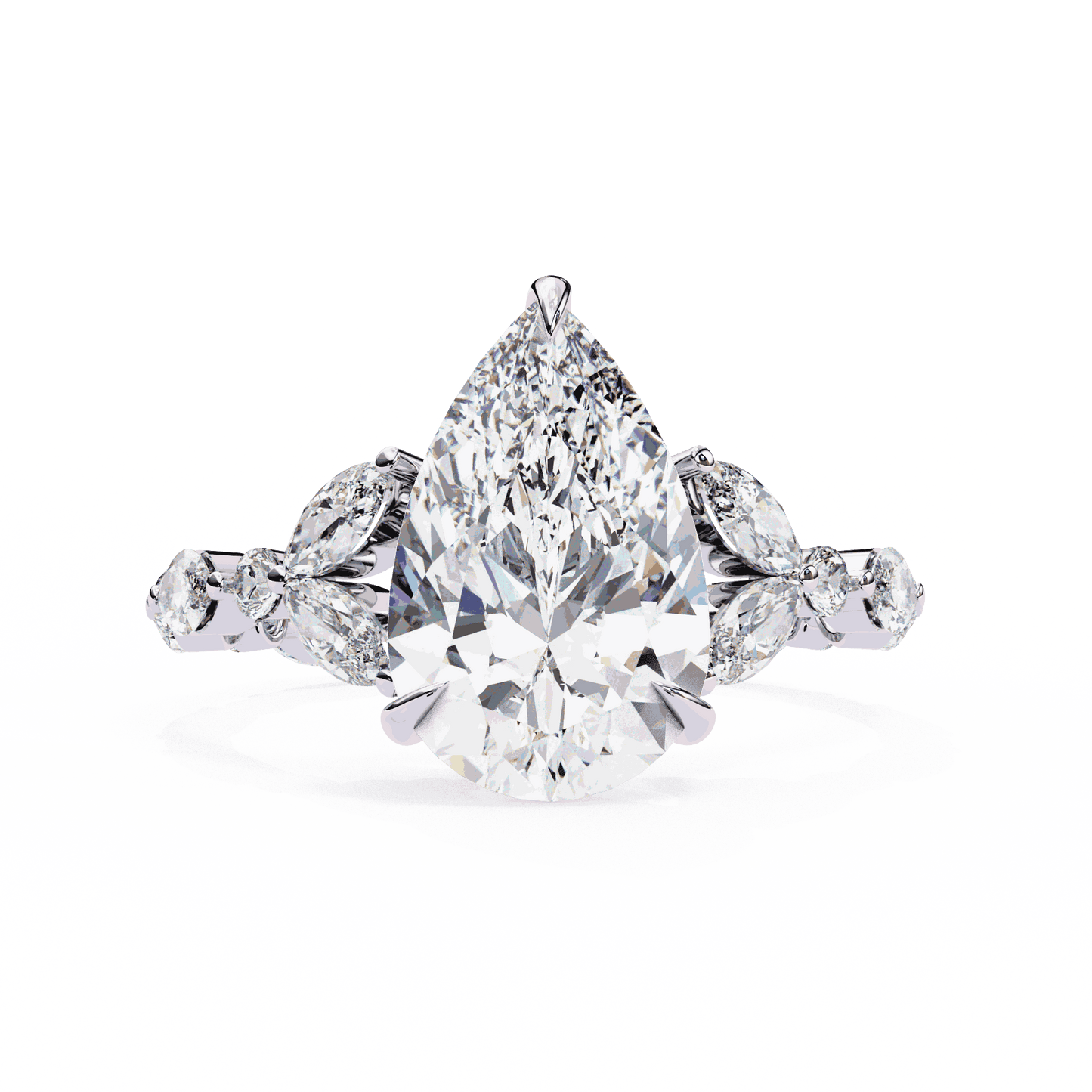 Pear Cut Lab Grown Diamond Side Stone Engagement Ring with Marquise and Round Eternity Band
