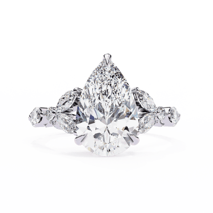 Pear Cut Lab Grown Diamond Side Stone Engagement Ring with Marquise and Round Eternity Band