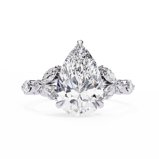 Pear Cut Lab Grown Diamond Side Stone Engagement Ring with Marquise and Round Eternity Band