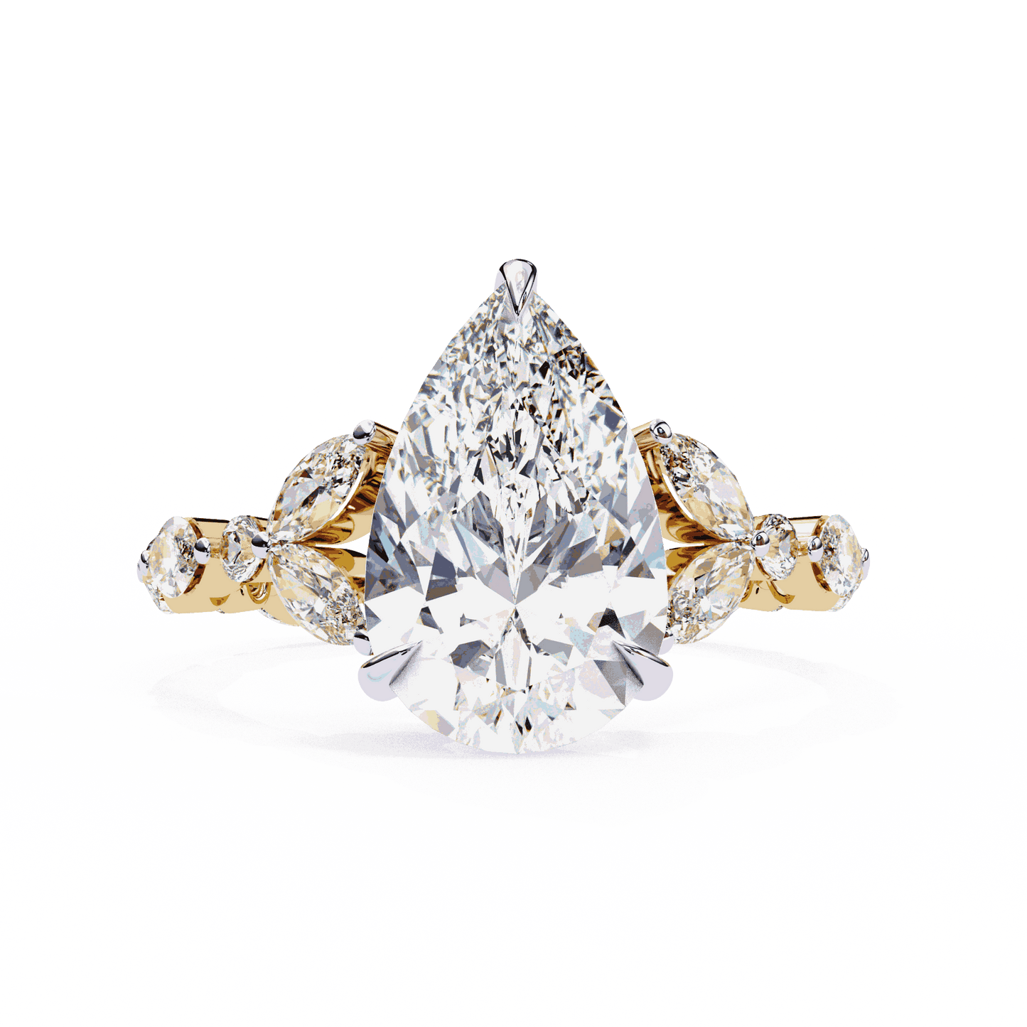 Pear Cut Lab Grown Diamond Side Stone Engagement Ring with Marquise and Round Eternity Band
