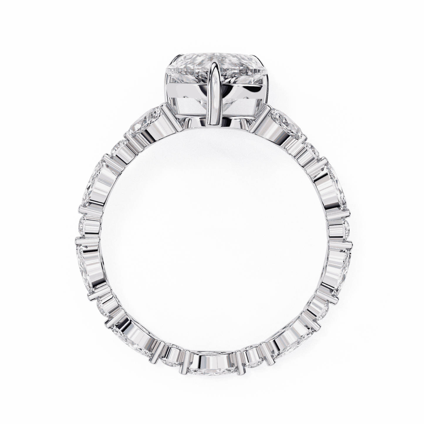 Pear Cut Lab Grown Diamond Side Stone Engagement Ring with Marquise and Round Eternity Band
