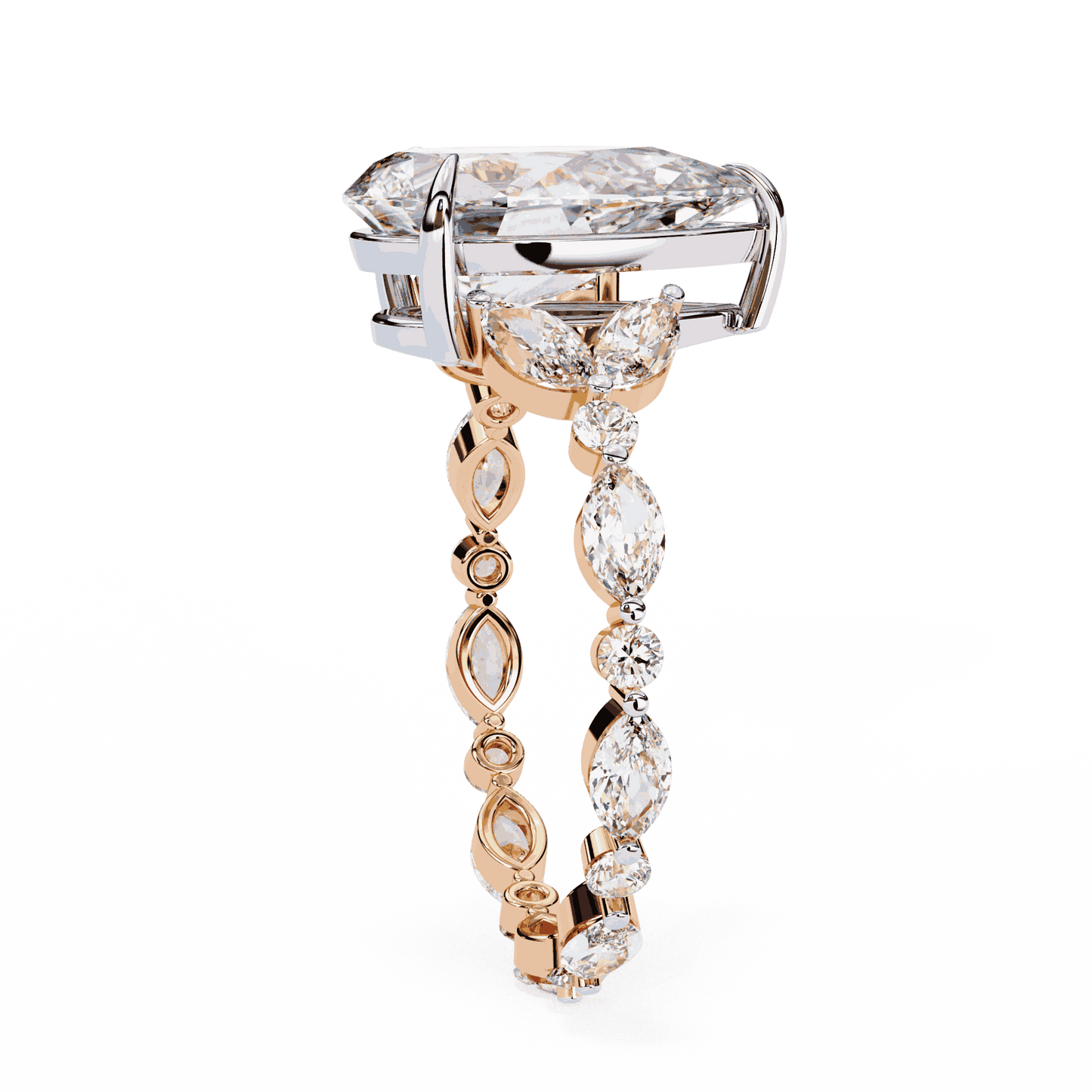 Pear Cut Lab Grown Diamond Side Stone Engagement Ring with Marquise and Round Eternity Band