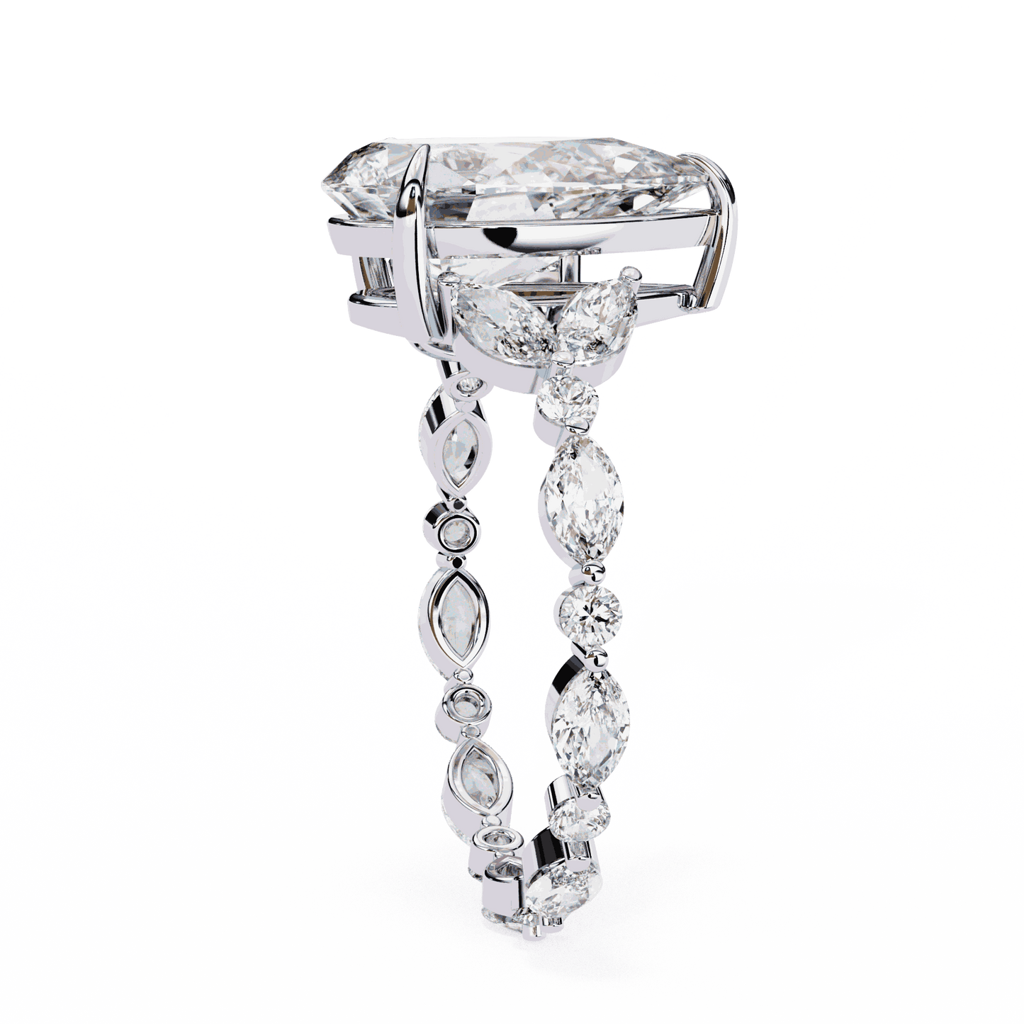 Pear Cut Lab Grown Diamond Side Stone Engagement Ring with Marquise and Round Eternity Band