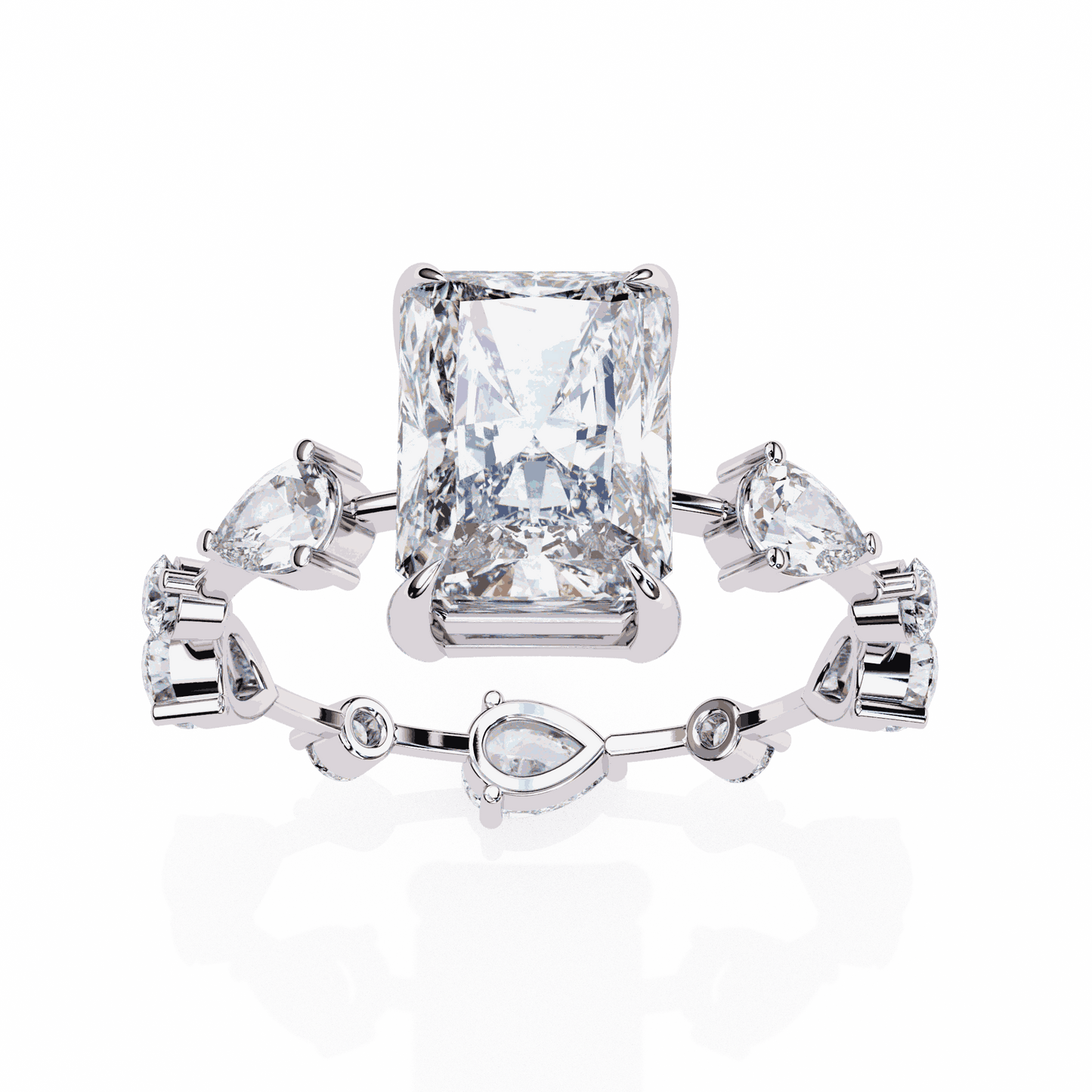Radiant Cut Lab Grown Diamond Side Stone Engagement Ring with Pear and Round Eternity Band